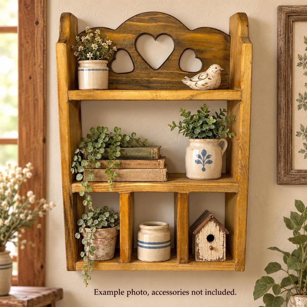 Wooden Heart Cutout Three Tiered Wall Shelf Country Farmhouse Cottage 19" VTG